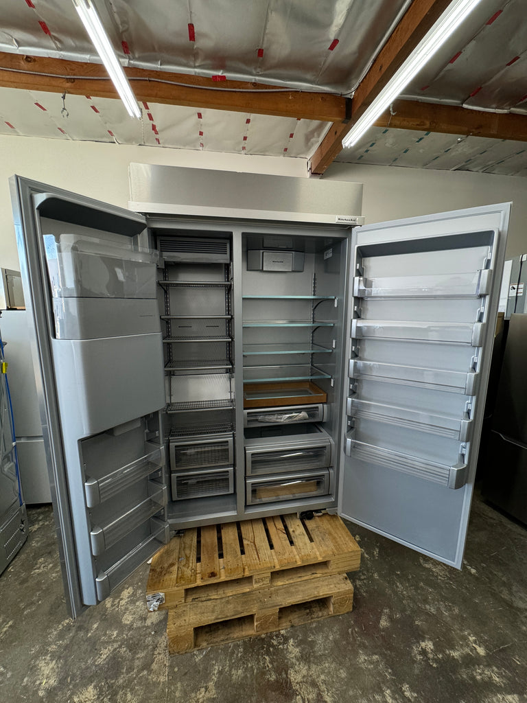 KitchenAid KBSD708MPS 48 Inch Built-In Side-by-Side Refrigerator with 29.4 cu. ft. Capacity, 4 Shelves, FreshChill™ Drawer, ExtendFresh™ Plus, Exterior Ice/Water Dispenser, ENERGY STAR®, and Star-K: Stainless Steel with PrintShield™ Finish