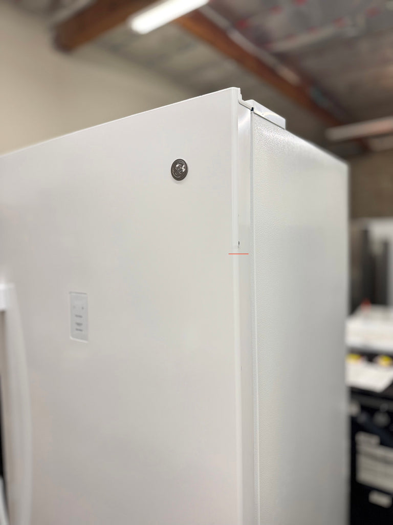 GE  FUF21SMRWW 33 Inch Freestanding Upright Freezer with 21.3 cu. ft. Capacity, Turbo Freeze, Lock and Key, Audible Temperature Alarm, Electronic Temperature Control, LED Interior Lighting, and Garage Ready: White