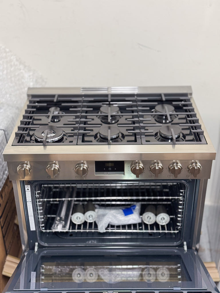 Bosch 800 Series HGS8655UC 36 Inch Freestanding Gas Range with 6 Sealed Burners, 3.4 cu. ft. Oven Capacity, Continuous Grates, Convection Oven, and Self-Cleaning: Stainless Steel