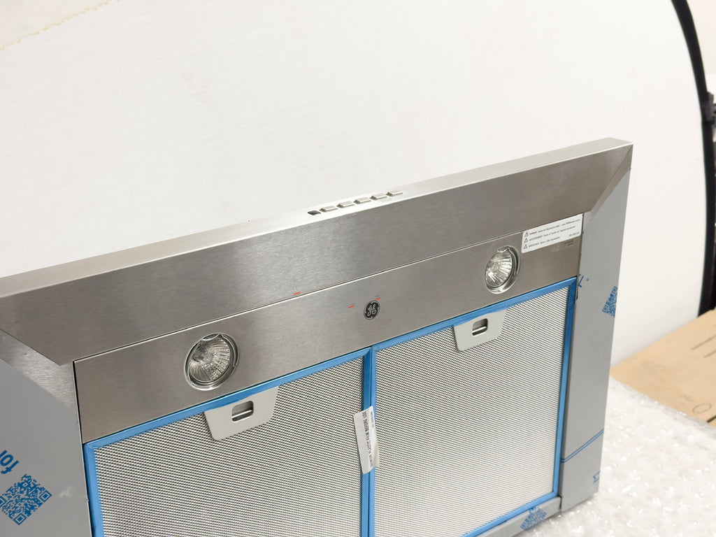 GE  JVW5301SJSS 30 Inch Wall Mount Chimney Hood with Recirculating Option, 350 CFM Blower, Dishwasher Safe Filters, Auto-Off, Optional Remote Control, Halogen Lighting and Night Light: Stainless Steel