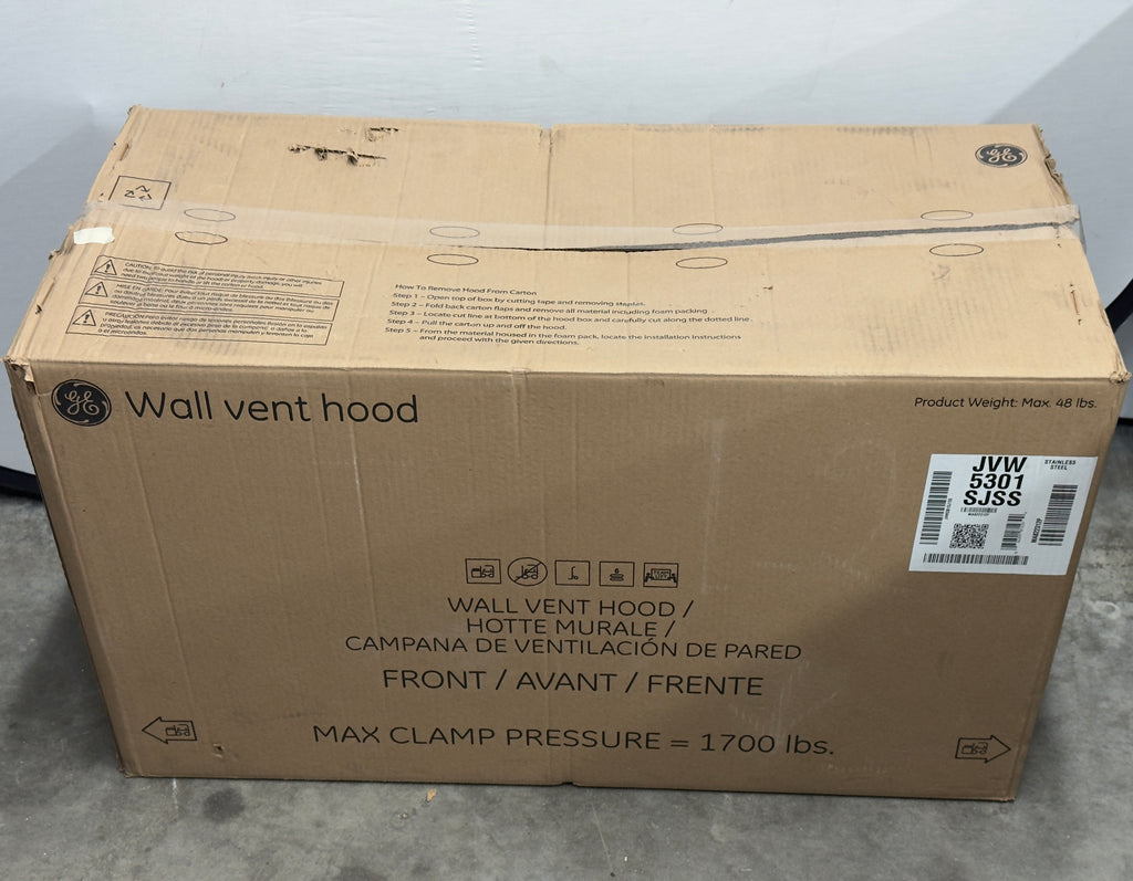 GE  JVW5301SJSS 30 Inch Wall Mount Chimney Hood with Recirculating Option, 350 CFM Blower, Dishwasher Safe Filters, Auto-Off, Optional Remote Control, Halogen Lighting and Night Light: Stainless Steel