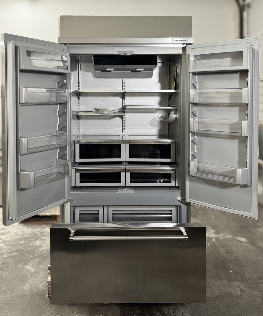 KitchenAid KBFN502ESS 42 Inch Built-In French Door Refrigerator with 24.2 cu. ft. Capacity, Glass Shelves, Preserva Food Care System, Automatic Ice Maker, Platinum Interior, LED Lighting, SatinGlide® Cripers, Door Open Alarm, Sabbath Mode: Stainless Steel