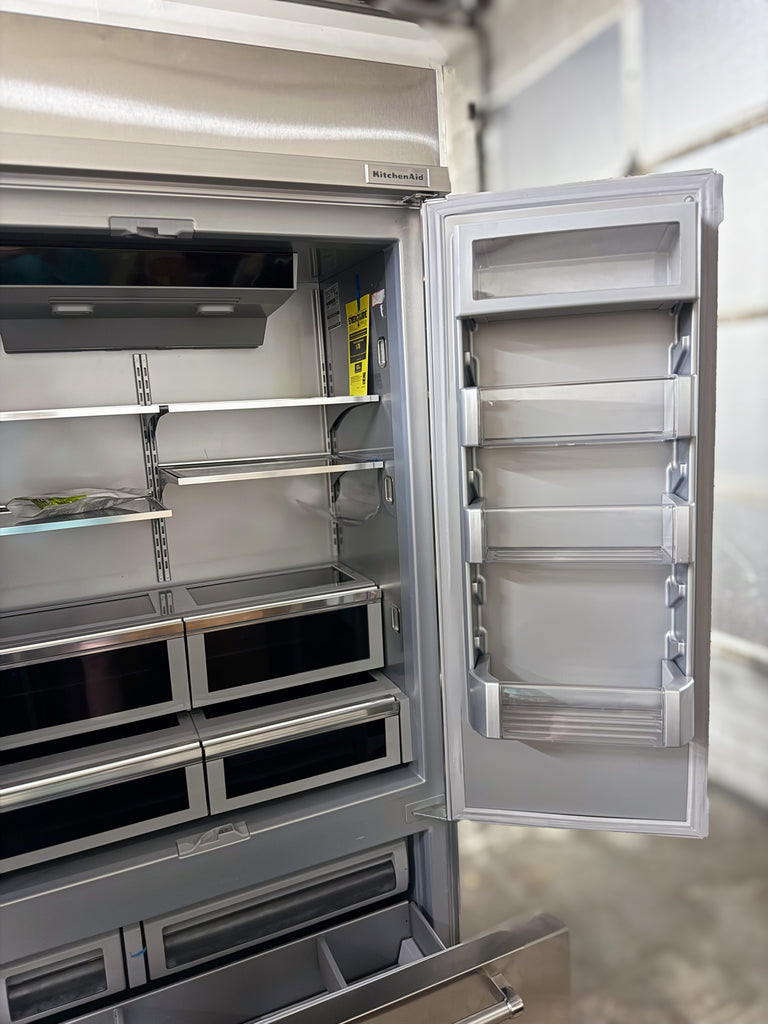 KitchenAid KBFN502ESS 42 Inch Built-In French Door Refrigerator with 24.2 cu. ft. Capacity, Glass Shelves, Preserva Food Care System, Automatic Ice Maker, Platinum Interior, LED Lighting, SatinGlide® Cripers, Door Open Alarm, Sabbath Mode: Stainless Steel