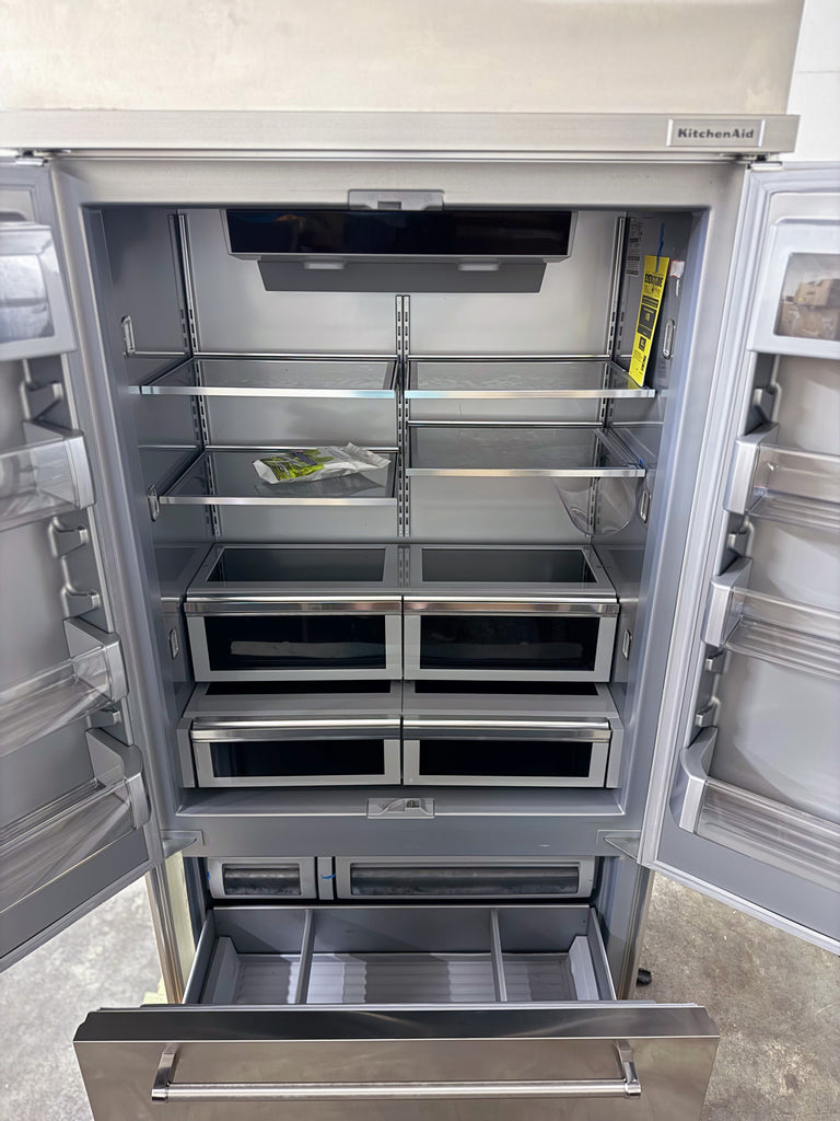 KitchenAid KBFN502ESS 42 Inch Built-In French Door Refrigerator with 24.2 cu. ft. Capacity, Glass Shelves, Preserva Food Care System, Automatic Ice Maker, Platinum Interior, LED Lighting, SatinGlide® Cripers, Door Open Alarm, Sabbath Mode: Stainless Steel