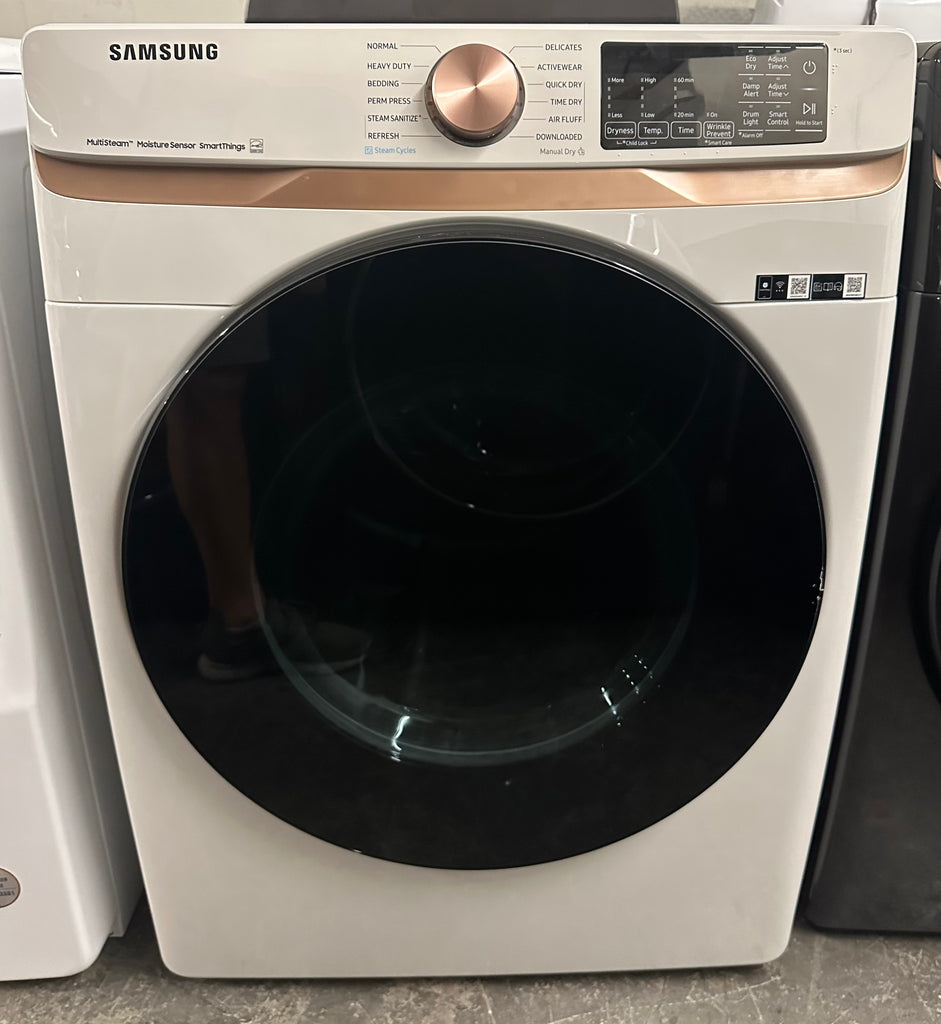Samsung DVE50BG8300E 27 Inch Electric Dryer with 7.5 cu. ft. Capacity, Steam Sanitize+, Sensor Dry, Vent Sensor, Smart Care, Wi-Fi, 21 Drying Cycles, Quick Dry, Wrinkle Prevent, ADA Compliant, and ENERGY STAR® Certified: Ivory