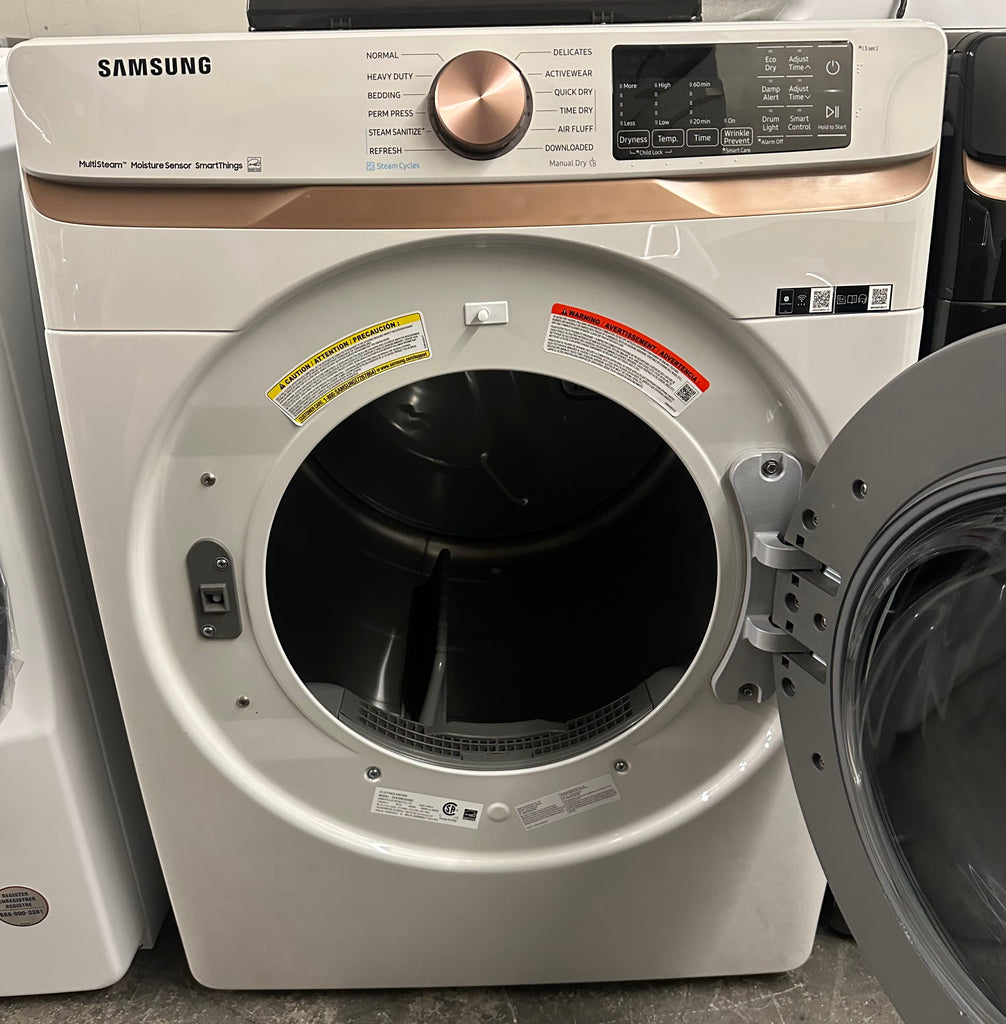 Samsung DVE50BG8300E 27 Inch Electric Dryer with 7.5 cu. ft. Capacity, Steam Sanitize+, Sensor Dry, Vent Sensor, Smart Care, Wi-Fi, 21 Drying Cycles, Quick Dry, Wrinkle Prevent, ADA Compliant, and ENERGY STAR® Certified: Ivory