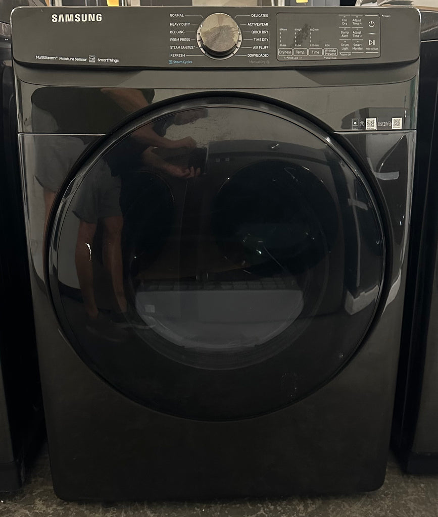 Samsung DVG50R8500V 27 Inch Gas Smart Dryer with 7.5 Cu. Ft. Capacity, Wi-Fi, Bixby Enabled, 12 Drying Cycles, Vent Sensor, Sensor Dry, Steam Sanitize+, Drum Light, Smart Care, ADA Compliant and ENERGY STAR®: Fingerprint Resistant Black Stainless Steel