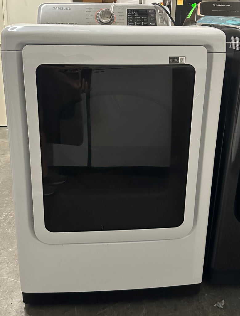 Samsung DVG50M7450W 27 Inch Gas Dryer with Multi-Steam™, Wrinkle Prevent Option, Sensor Dry, 11 Dry Cycles, Smart Care, 4-Way Venting, Interior Drum Light, Eco Dry, Reversible Door and 7.4 cu. ft. Capacity