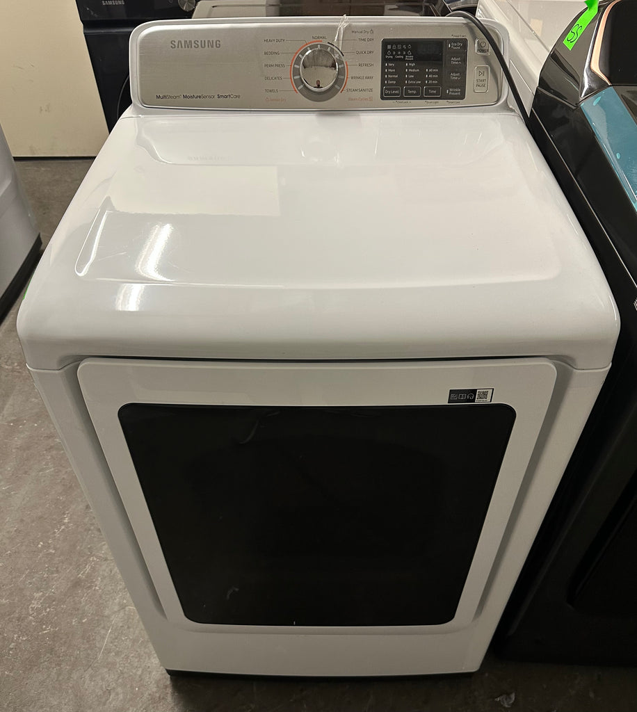 Samsung DVG50M7450W 27 Inch Gas Dryer with Multi-Steam™, Wrinkle Prevent Option, Sensor Dry, 11 Dry Cycles, Smart Care, 4-Way Venting, Interior Drum Light, Eco Dry, Reversible Door and 7.4 cu. ft. Capacity