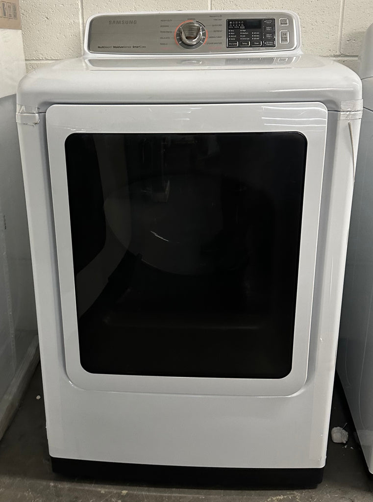 Samsung DVE50M7450W 27 Inch Electric Dryer with Multi-Steam™, Wrinkle Prevent Option, Sensor Dry, 11 Dry Cycles, Smart Care, 4-Way Venting, Eco Dry, Reversible Door and 7.4 cu. ft. Capacity