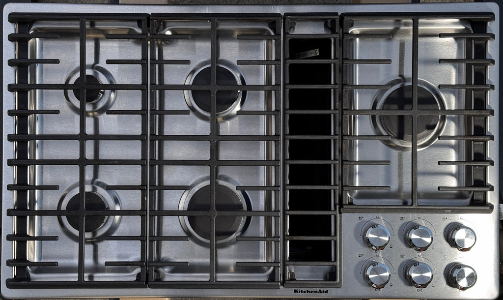 KitchenAid KCGD506GSS 36 Inch Gas Downdraft Cooktop with 5 Burners, Downdraft Ventilation, Professional Burner BTUs, Even-Heat™ Simmer Burner, 300 CFM Exhaust, 3-Speed Fan and Flame-Sensing™ Re-Ignition