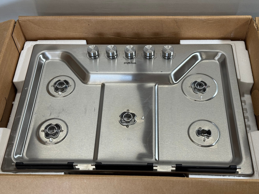 Whirlpool  WCGK7030PS 30 Inch Gas Cooktop with 5 Sealed Burners, SpeedHeat™ Burner, Simmer Burner, EZ-2-Lift™ Hinged Cast-Iron Grates, Upswept SpillGuard™ Cooktop, and ADA Compliant: Stainless Steel