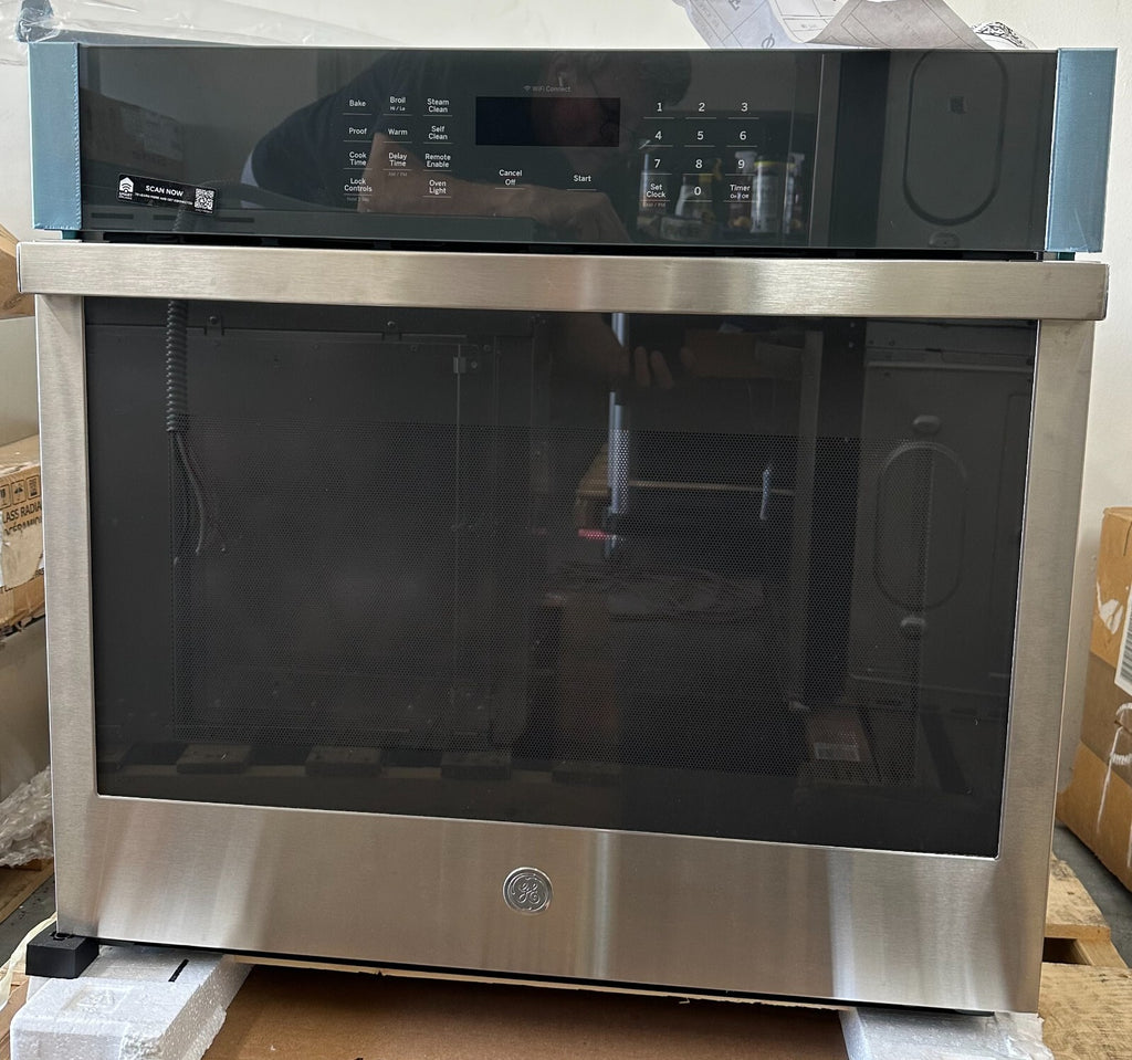 GE  JTS3000SNSS 30 Inch Electric Single Wall Oven with Scan-to-Cook, WiFi, Glass Touch Controls, Steam Self-Clean, Heavy-Duty Racks, 10-Pass Bake Element, 8-Pass Broil Element, Sabbath Mode, ADA Compliant, and UL Certified: Stainless Steel