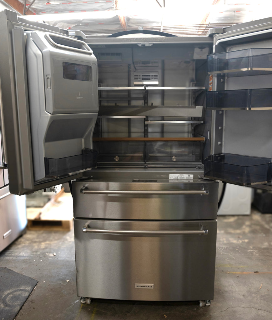 KitchenAid  KRMF536RPS 36 Inch Freestanding French Door Refrigerator with 26.2 Cu. Ft. Total Capacity, External Water & Ice Dispenser, FreshChill Drawer, Preserv® Food Care System and FreshFlow, Air Filter: PrintShield: Stainless Steel
