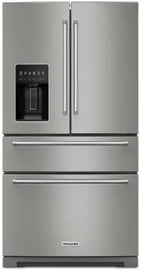 KitchenAid  KRMF536RPS 36 Inch Freestanding French Door Refrigerator with 26.2 Cu. Ft. Total Capacity, External Water & Ice Dispenser, FreshChill Drawer, Preserv® Food Care System and FreshFlow, Air Filter: PrintShield: Stainless Steel