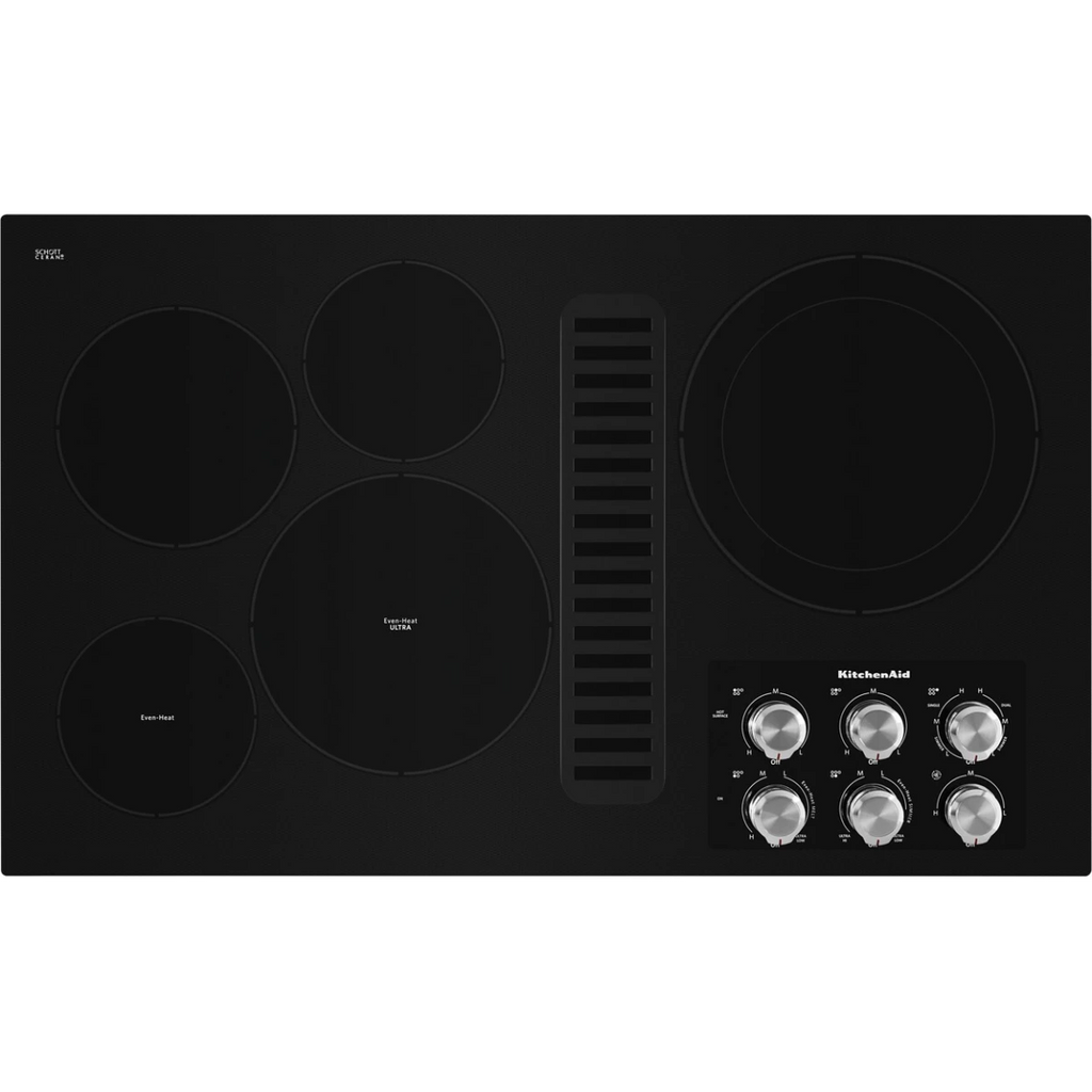 KitchenAid  KCED606GBL 36 Inch Electric Downdraft Cooktop with 5 Elements, Ceramic-Glass Surface, Downdraft Ventilation, Even-Heat Ultra Element, 300 CFM Exhaust, 3-Speed Fan Control, CookShield Finish, Double-Ring Element, Hot-Surface Indicator: Black