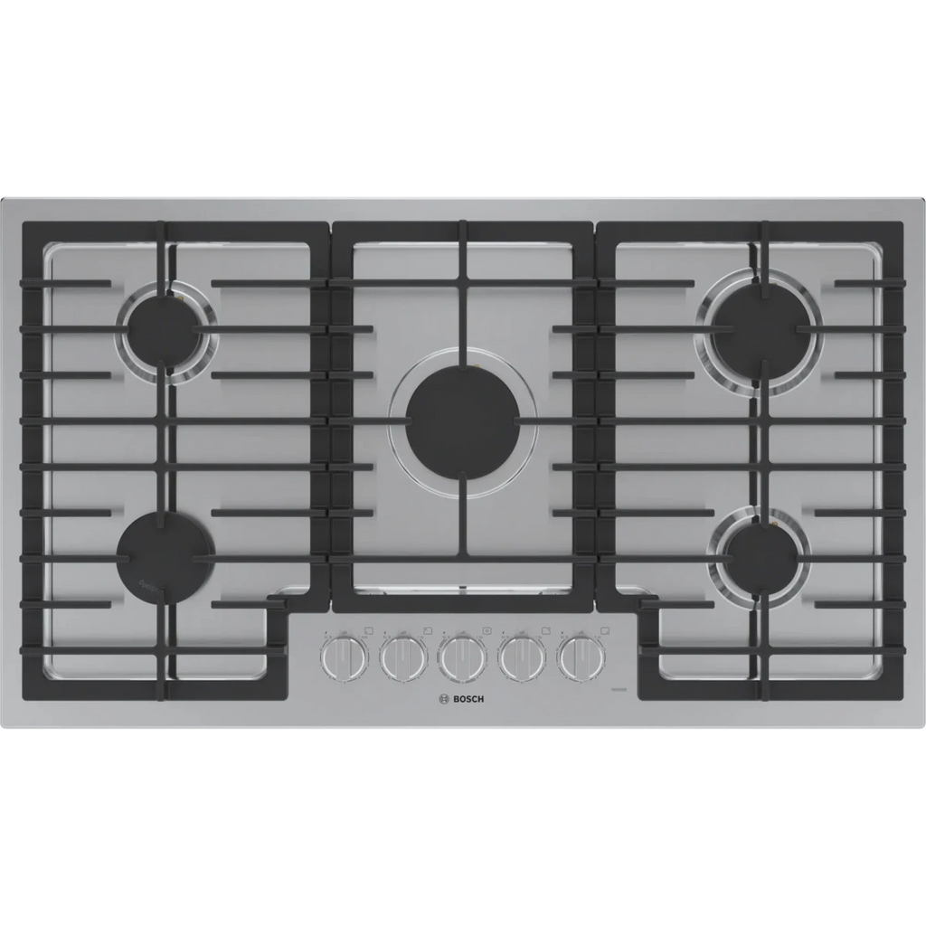 Bosch 500 Series  NGM5659UC 36 Inch Gas Cooktop with 5 Sealed Burners, Continuous Cast Iron Grates, OptiSim® Burner, Distinctive Red LED Light, One-Piece Stainless Steel Design, and ADA Compliant: Stainless Steel