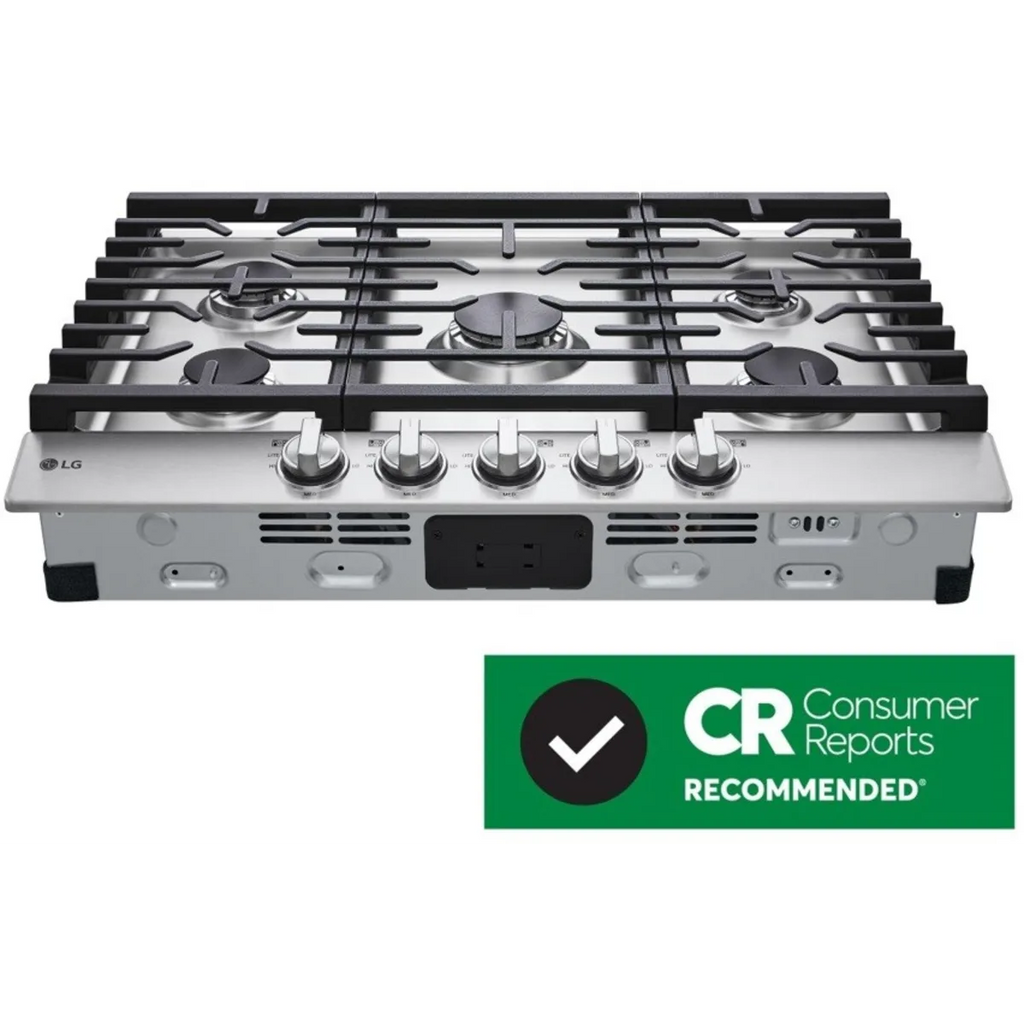 LG  CBGJ3023S 30 Inch Gas Cooktop with 5 Sealed Burners, Continuous Cast-Iron Grates, 20K BTU Ultraheat™ Burner, EasyClean® Stainless Steel Cooktop, Knobs Control, and Auto Reignition: Stainless Steel