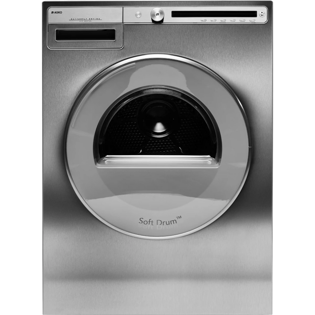 ASKO Logic Series  T411VDT 24 Inch Electric Dryer with 5.1 Cu. Ft. Capacity, Butterfly™ Drying System, Soft Drum™ Technology, LCD Display, Interior Light, Line Concept™, 13 Dry Programs, Sensi Dry™, Auto Synthetic, Airing Option, and Anti-Crease: Titanium