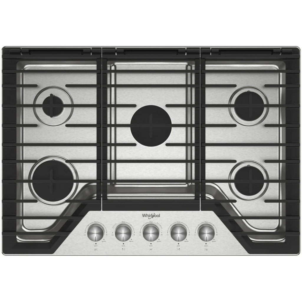 Whirlpool  WCGK7030PS 30 Inch Gas Cooktop with 5 Sealed Burners, SpeedHeat™ Burner, Simmer Burner, EZ-2-Lift™ Hinged Cast-Iron Grates, Upswept SpillGuard™ Cooktop, and ADA Compliant: Stainless Steel