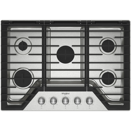 Whirlpool  WCGK7030PS 30 Inch Gas Cooktop with 5 Sealed Burners, SpeedHeat™ Burner, Simmer Burner, EZ-2-Lift™ Hinged Cast-Iron Grates, Upswept SpillGuard™ Cooktop, and ADA Compliant: Stainless Steel