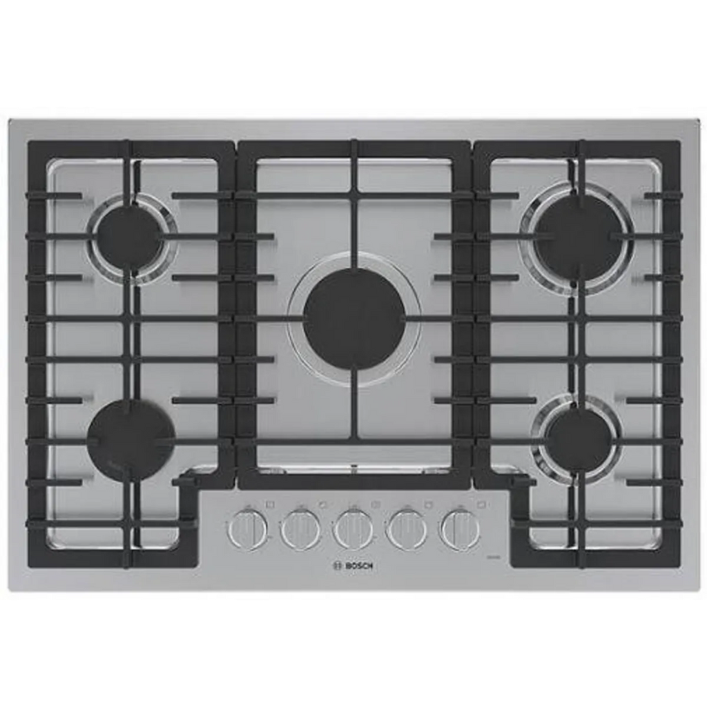 Bosch 500 Series NGM5059UC 30 Inch Gas Cooktop with 5 Sealed Burners, Continuous Cast-Iron Grates, OptiSim® Burner, Distinctive Red LED Light, and One-Piece Stainless Steel Design