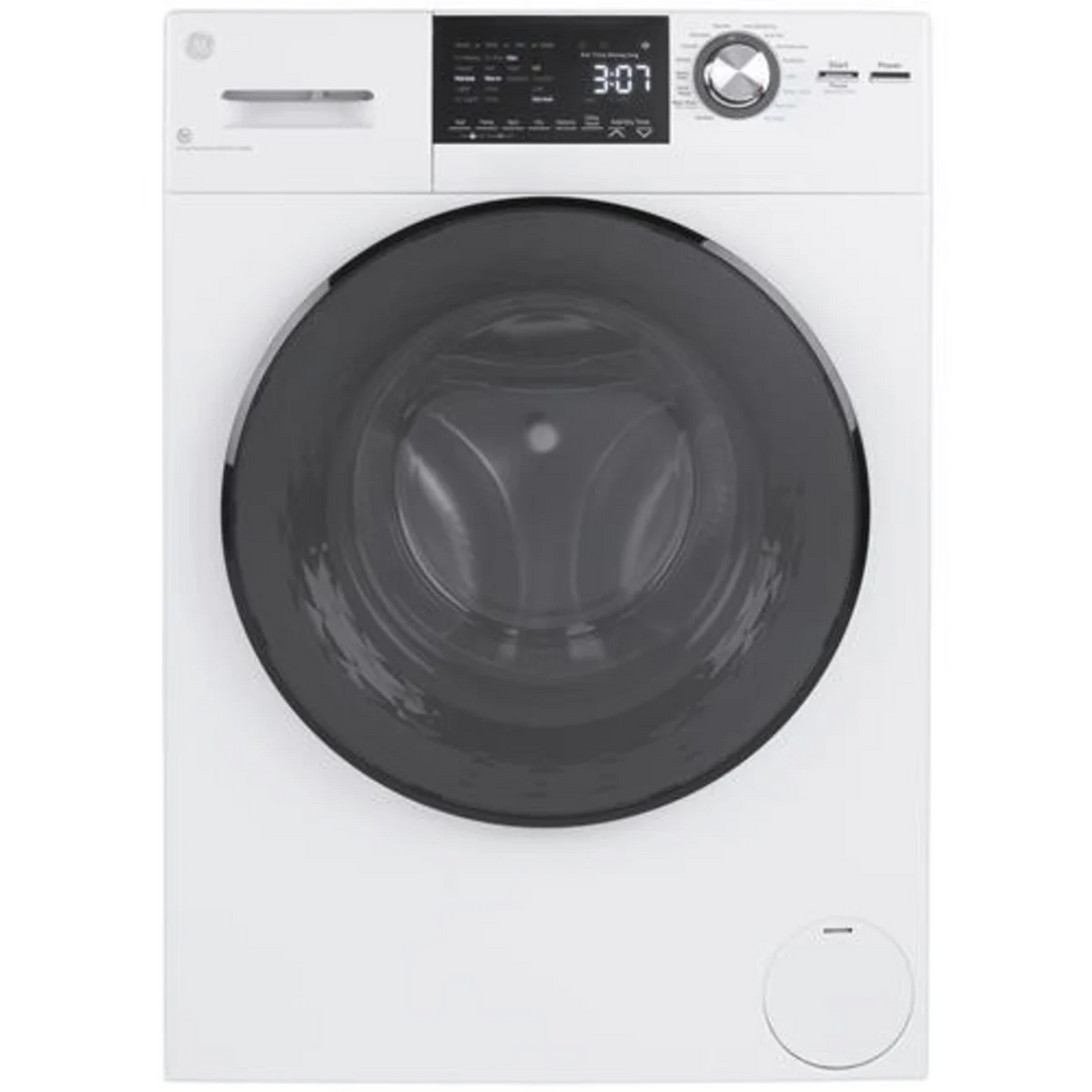 GE  GFQ14ESSNWW 24 Inch Front Load Electric Washer/Dryer Combo with 2.4 cu. ft Capacity, 14 Cycle Options, 5 Heat Selections, 1,450 RPM Spin Speed, NSF Sanitize, Timed Dry, Steam, 24 Hour Delay Start and Optional Wi-Fi Connect: White