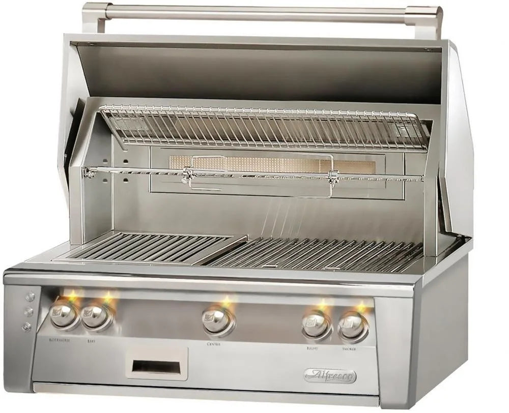 Alfresco ALXE36NG 36 Inch Built-In Grill with 660 sq. in. Grilling Surface, 3 27,500 BTU Burners, Integrated Rotisserie, Smoker and Herb Infuser System, 3-Position Warming Rack, Nickel-Plated Control Knobs and Stainless Steel Grates: Natural Gas