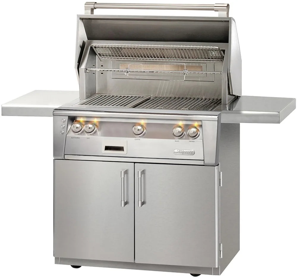 Alfresco ALXE-36C-NG 36 Inch Freestanding Grill with 660 sq. in. Grilling Surface, Three 27,500 BTU Burners, Integrated Rotisserie, Smoker and Herb Infuser System, Nickel-Plated Control Knobs and Stainless Steel Grates: Natural Gas