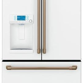 GE Cafe CFE28TP4MW2 36 Inch French Door Smart Refrigerator with 27.8 Cu. Ft. Capacity, Precise Fill Setting, TwinChill™ Evaporators, Temperature-Controlled Drawer, Wi-Fi Connect, Hot Water Dispenser, ADA Compliant: Matte White with Brushed Bronze Handles
