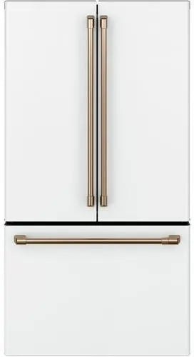 Cafe CWE23SP4MW2 36 Inch Counter Depth French Door Smart Refrigerator with 23.1 Cu. Ft. Capacity, TwinChill™ Evaporators, Temperature-Controlled Drawer, Wi-Fi, Internal Water\Ice Dispenser, and ENERGY STAR®: Matte White with Brushed Bronze Handles