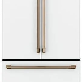 Cafe CWE23SP4MW2 36 Inch Counter Depth French Door Smart Refrigerator with 23.1 Cu. Ft. Capacity, TwinChill™ Evaporators, Temperature-Controlled Drawer, Wi-Fi, Internal Water\Ice Dispenser, and ENERGY STAR®: Matte White with Brushed Bronze Handles