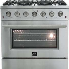 Forno FFSGS624436 Ancona Professional Gas Range with 6 Sealed Burners, 5.36 Cu. Ft. Convection Oven Capacity, Cast Iron Continuous Grate, Triple Layered Glass Door, Italian Defendi Burners, and ETL Listed: 36