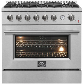 Forno Alta Qualita Marco FFSGS627736 36 Inch Freestanding Gas Range with 6 Sealed Burners, 5.36 cu. ft. Oven Capacity, Continuous Cast Iron Grates, Black Enamel Cooktop, Built-In Temperature Gauge, and LP Kit Included: Stainless Steel