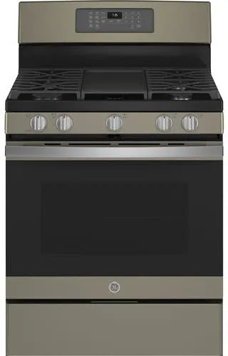 GE JGB735EPES 30 Inch Freestanding Gas Convection Range with 5 Sealed Burners, 5 Cu. Ft. Oven Capacity, Storage Drawer, Edge-to-Edge Cooktop, Self-Clean+Steam Clean, Integrated Griddle, and Center Oval Burner: Fingerprint Resistant Slate