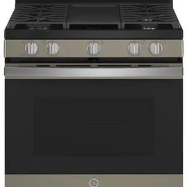 GE JGB735EPES 30 Inch Freestanding Gas Convection Range with 5 Sealed Burners, 5 Cu. Ft. Oven Capacity, Storage Drawer, Edge-to-Edge Cooktop, Self-Clean+Steam Clean, Integrated Griddle, and Center Oval Burner: Fingerprint Resistant Slate