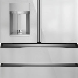 Cafe Modern Glass Collection CXE22DM5PS5 36 Inch Counter-Depth 4-Door French Door Smart Refrigerator with 22.3 Cu. Ft. Capacity, Hands-Free Autofill, LED Light Wall, Convertible Drawer, Enhanced Shabbos Mode, Wi-Fi, and ENERGY STAR®: Platinum Glass
