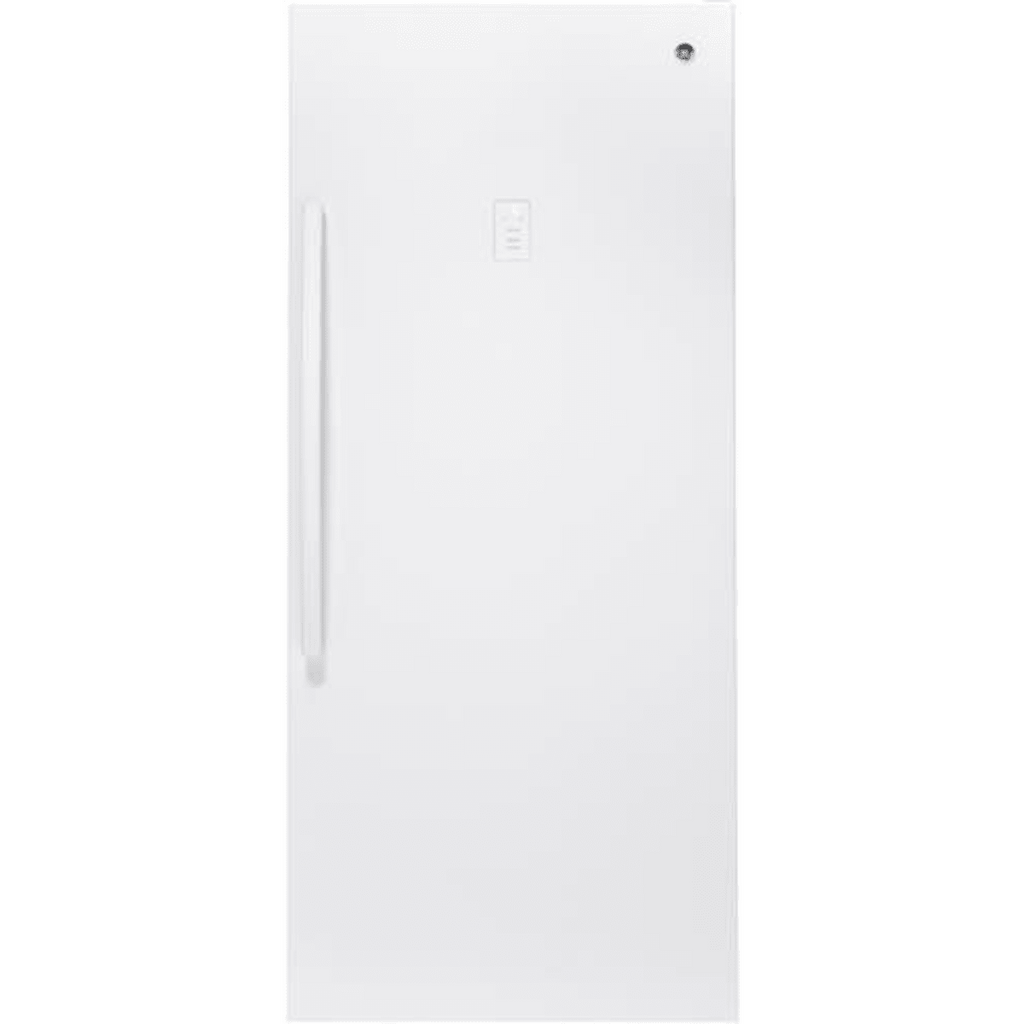 GE  FUF21SMRWW 33 Inch Freestanding Upright Freezer with 21.3 cu. ft. Capacity, Turbo Freeze, Lock and Key, Audible Temperature Alarm, Electronic Temperature Control, LED Interior Lighting, and Garage Ready: White