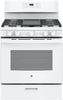 GE JGBS66DEKWW 30 Inch Free-Standing Gas Range with 5 Sealed Burners, 5.0 cu. ft. Oven Capacity, Broiler Drawer, Continuous Grates, Delay Bake, Steam Clean, Simmer Burner, Power Boil Burner, Central Oval Burner, and Integrated Non-Stick Griddle: White