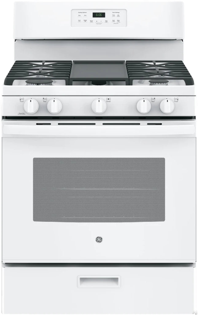 GE JGBS66DEKWW 30 Inch Free-Standing Gas Range with 5 Sealed Burners, 5.0 cu. ft. Oven Capacity, Broiler Drawer, Continuous Grates, Delay Bake, Steam Clean, Simmer Burner, Power Boil Burner, Central Oval Burner, and Integrated Non-Stick Griddle: White