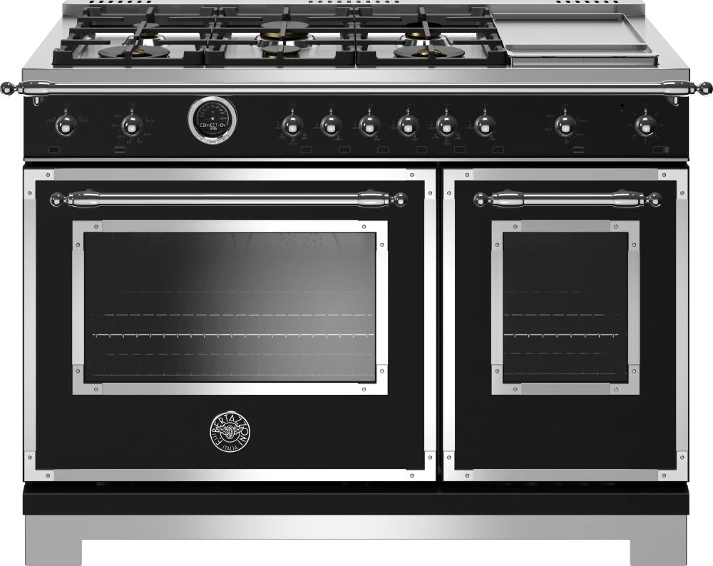 Bertazzoni Heritage Series HERT486GDFSNET 48 Inch Freestanding Dual Fuel Range with 6 Sealed Burners, Double Oven, 7 Cu. Ft. Total Capacity, Continuous Grates, Digital Gauge, Dual Diagonal Convection Fans, Stainless Steel Electric Griddle: Nero Matt