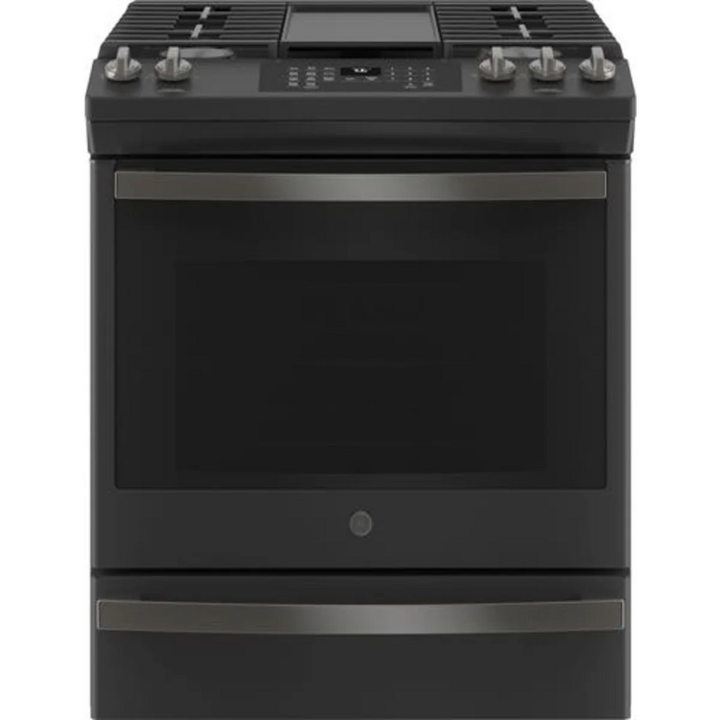 GE JGS760FPDS 30 Inch Slide-In Smart Gas Range with 5 Sealed Burners, 5.6 Cu. Ft. Oven Capacity, Gas Convection, Smooth-Glide Storage Drawer, Built-In WiFi, Enhanced Shabbos Mode Capable, Steam Clean, and ADA Compliant: Fingerprint Resistant Black Slate