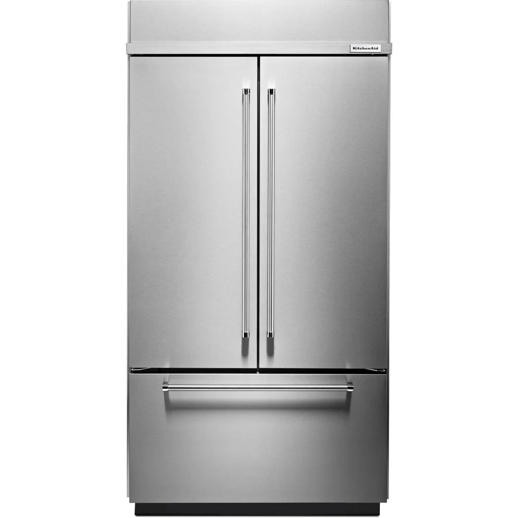 KitchenAid KBFN502ESS 42 Inch Built-In French Door Refrigerator with 24.2 cu. ft. Capacity, Glass Shelves, Preserva Food Care System, Automatic Ice Maker, Platinum Interior, LED Lighting, SatinGlide® Cripers, Door Open Alarm, Sabbath Mode: Stainless Steel