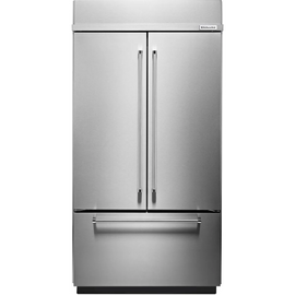 KitchenAid KBFN502ESS 42 Inch Built-In French Door Refrigerator with 24.2 cu. ft. Capacity, Glass Shelves, Preserva Food Care System, Automatic Ice Maker, Platinum Interior, LED Lighting, SatinGlide® Cripers, Door Open Alarm, Sabbath Mode: Stainless Steel
