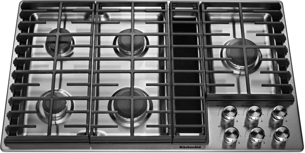 KitchenAid KCGD506GSS 36 Inch Gas Downdraft Cooktop with 5 Burners, Downdraft Ventilation, Professional Burner BTUs, Even-Heat™ Simmer Burner, 300 CFM Exhaust, 3-Speed Fan and Flame-Sensing™ Re-Ignition