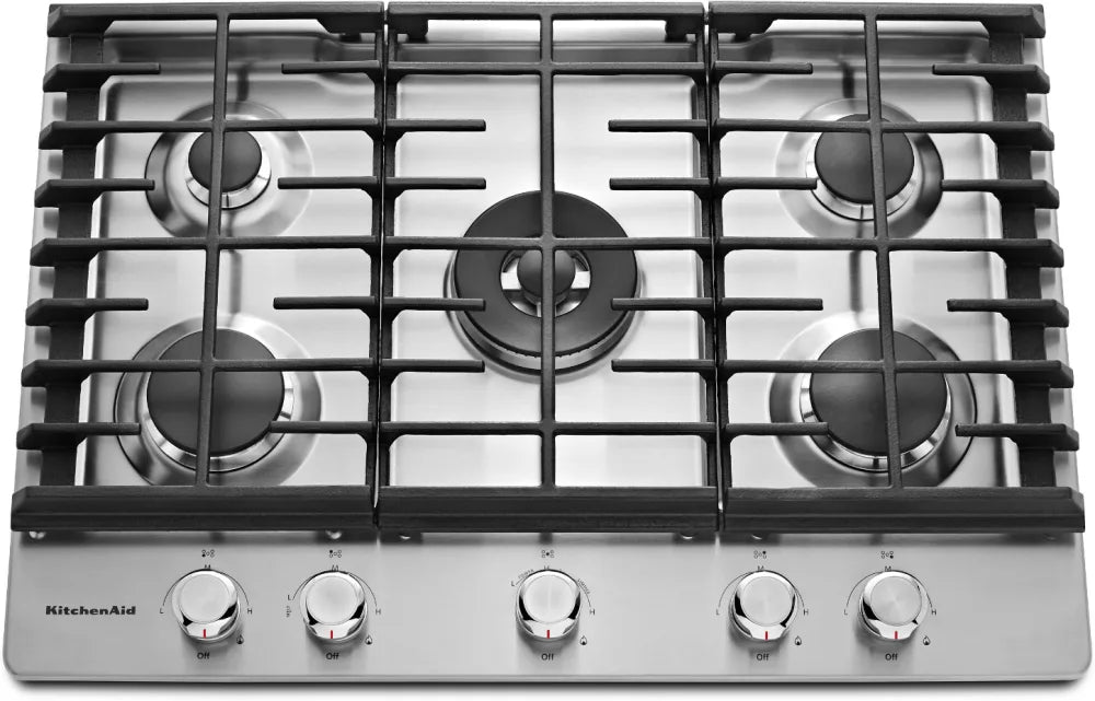 KitchenAid KCGS550ESS 30 Inch Gas Cooktop with 5 Sealed Burners, 17,000 BTU Professional Dual Ring Burner, Even-Heat™ Simmer Burner, Full-Width Cast-Iron Grates, Multi-Finish Knobs, and ADA Compliant