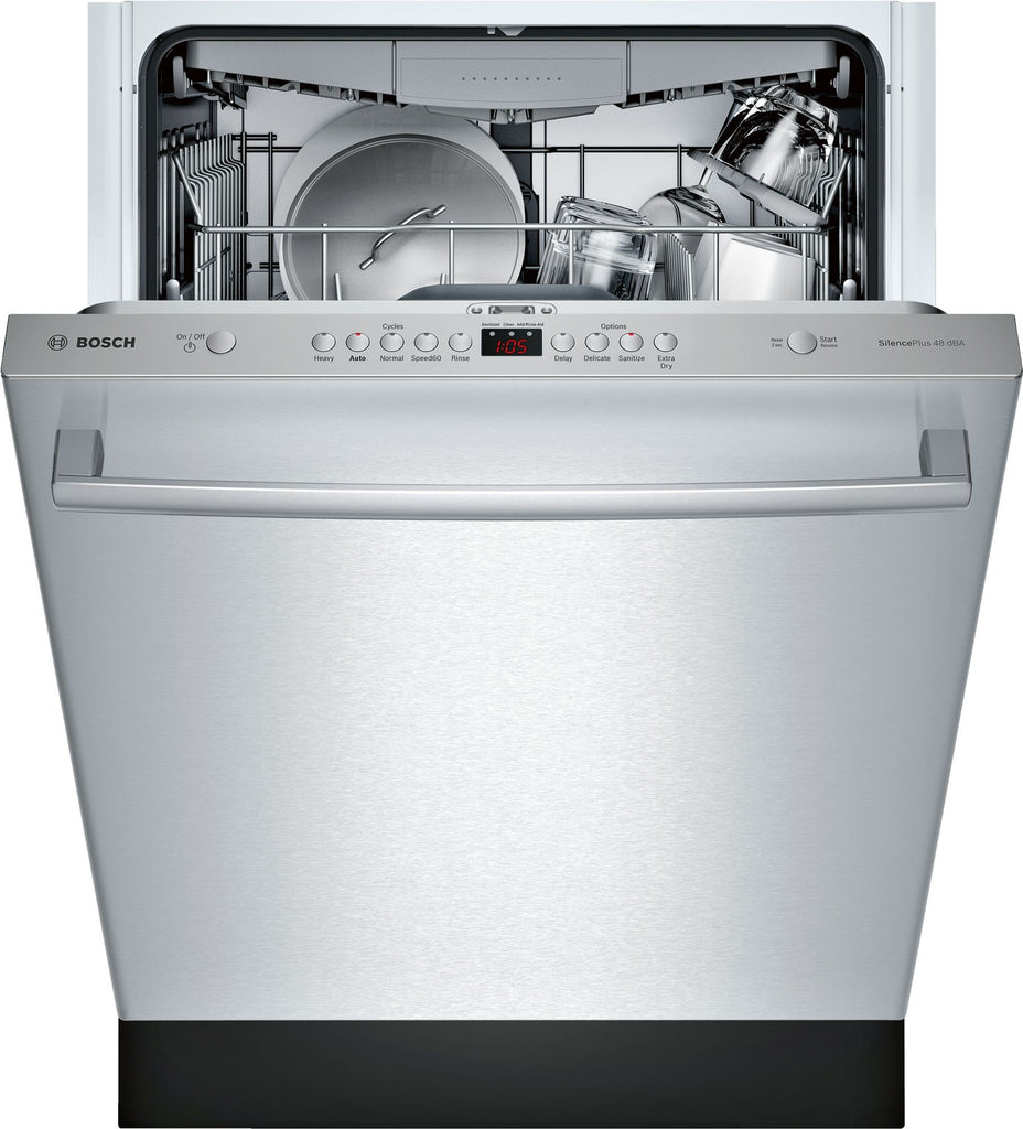 Bosch 100 Series SHXM4AY55N 24 Inch Fully Integrated Built-In Dishwasher with 15 Place Setting Capacity, 5 Wash Cycles, Standard 3rd Rack, 48 dBA, and RackMatic®: Stainless Steel
