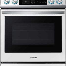 Samsung BESPOKE NE63BB871112AA 30 Inch Slide-In Electric Smart Range with 5 Elements, 6.3 cu. ft. Convection+ Oven, 3,600W Express Boil, Self Clean, Storage Drawer, ADA Compliant, and Star-K: Bespoke White Glass