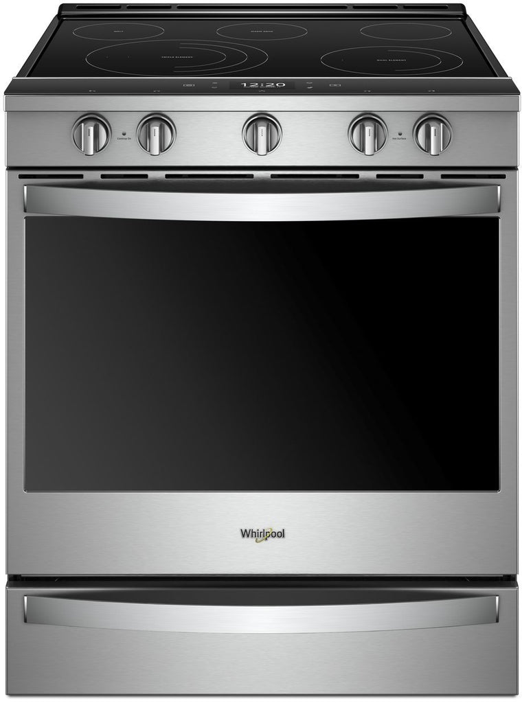 Whirlpool WEE750H0HZ 30 Inch Slide-In Electric Range with 5 Radiant Elements, 6.4 cu. ft Capacity, True Convection, Touchscreen, Scan-to-Cook Technology, Temperature Sensor, Voice Control, Frozen Bake™ Technology: Fingerprint Resistant Stainless Steel