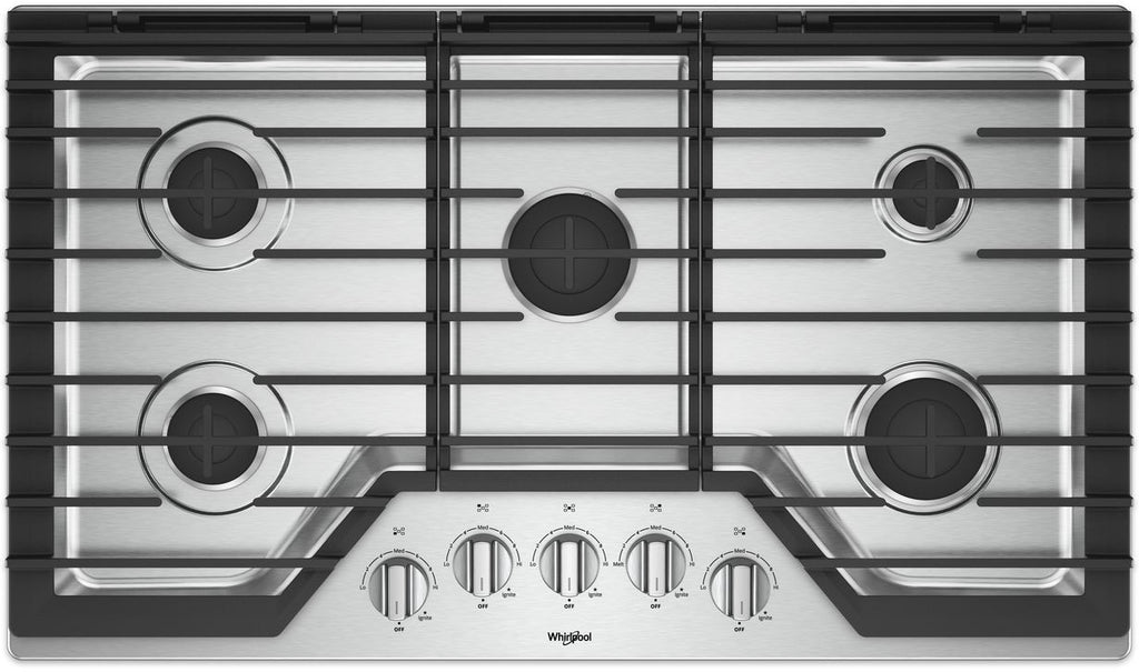 Whirlpool WCG55US6HS 36 Inch Gas Cooktop with 5 Sealed Burners, EZ-2-Lift™ Hinged Grates, SpeedHeat™ Burner, AccuSimmer® Burner, Upswept SpillGuard™ Cooktop, and Dishwasher-Safe Knobs: Stainless Steel